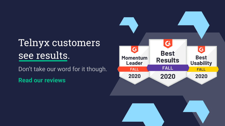 Telnyx awarded Momentum Leader, Best Results and Best Usability in Cloud Communications Platform category by G2.