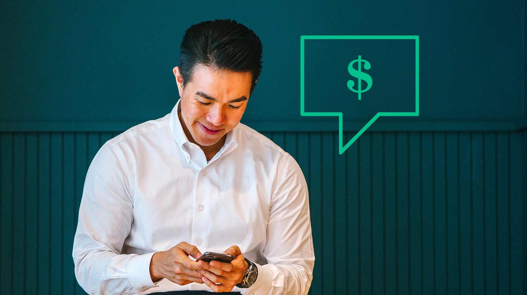 SMS payment image of man looking at phone