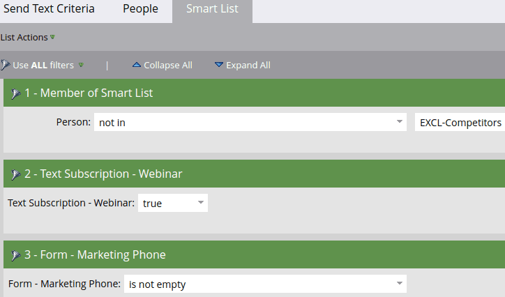 marketo sms integration smart list