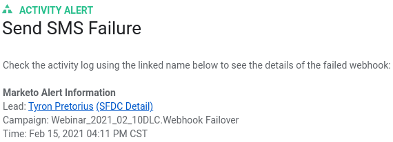 marketo sms integration webhook failure alert