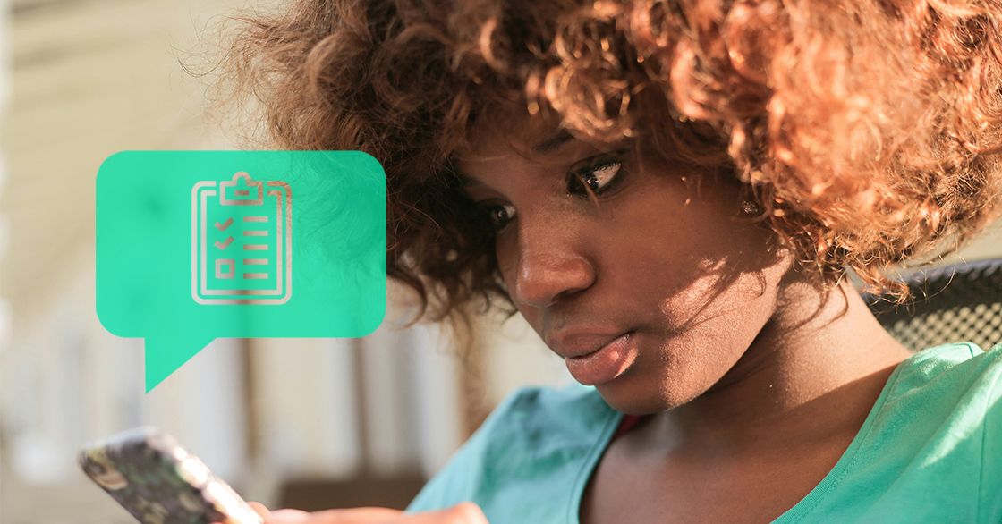 SMS survey example: hands holding iPhone with speech bubble